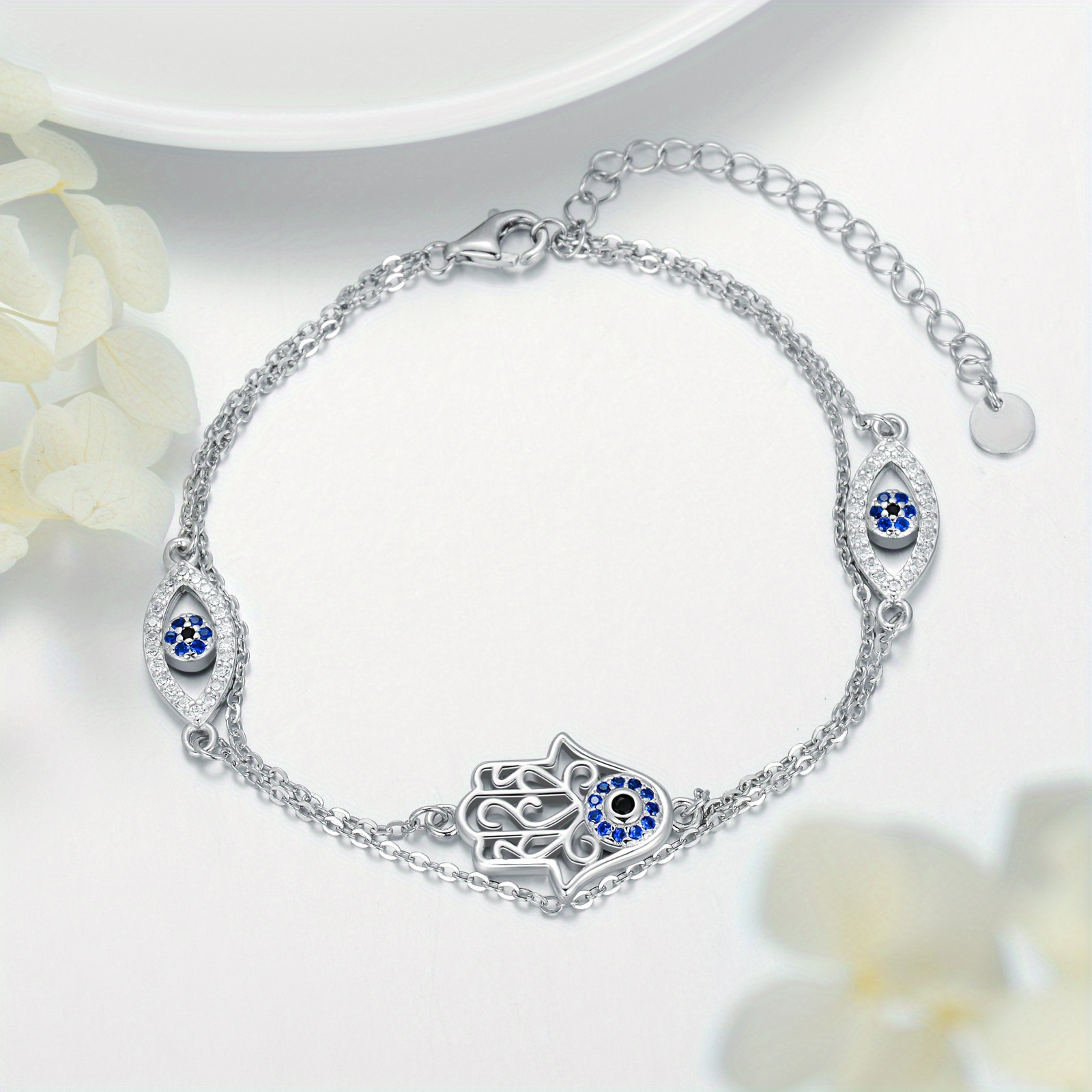 Women's 925 Sterling Silver Evil Eye Hamsa Bracelet, Gift for Her